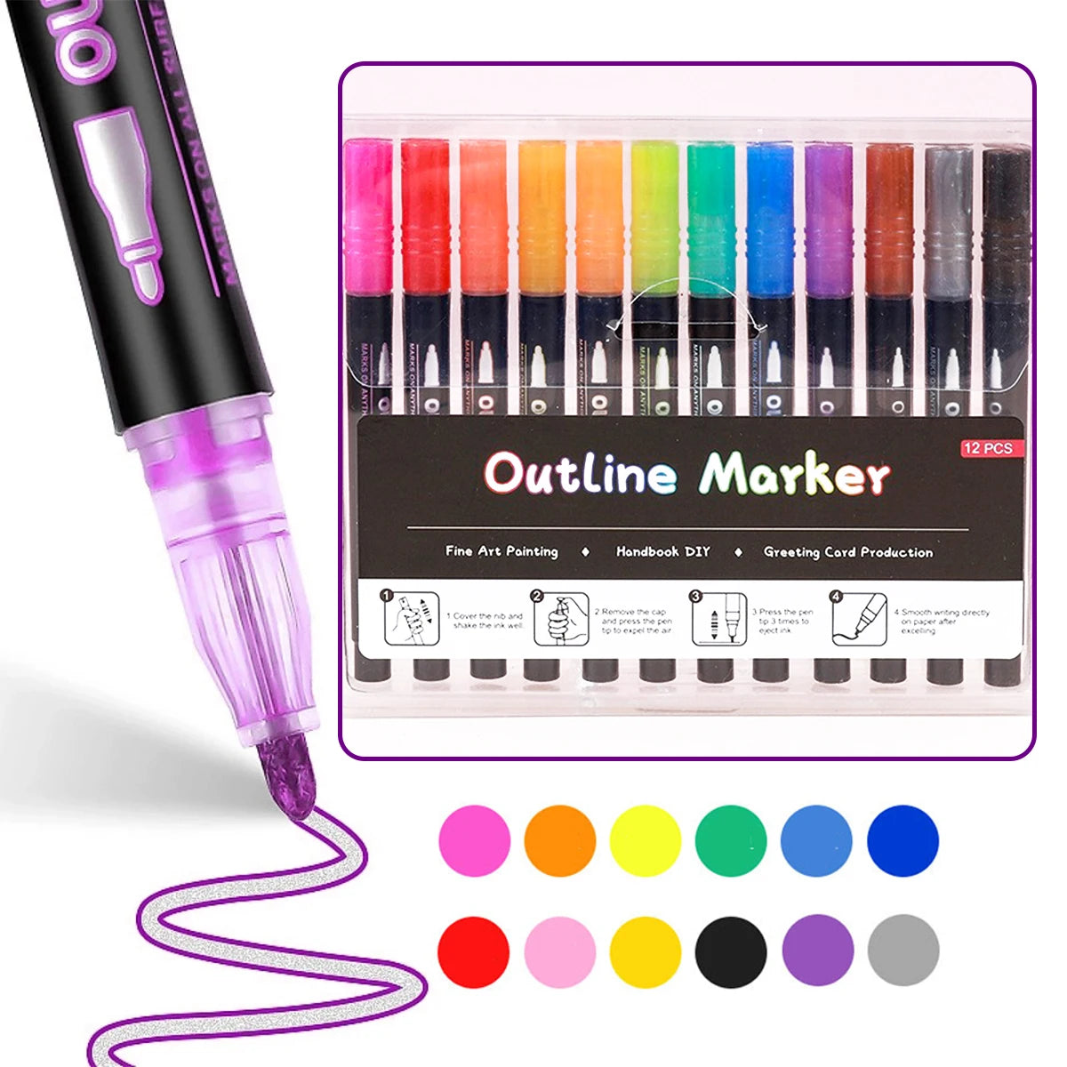Out Line Art Pens Highlighters Marker Pens,Double Line Outline Metallic Pens,Magic Glitter Drawing Pens DIY Graffiti Highlighter